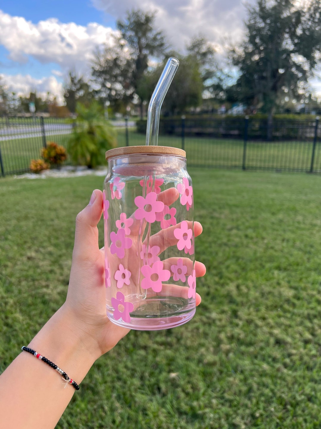 Daisy Flowers Glass Cup Daisy Glass Cup 16oz Iced Coffee Etsy