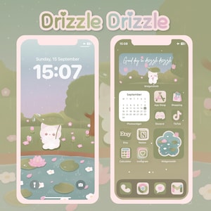 Könnte beinhalten: Ein Telefonbildschirm mit grünem und rosa Hintergrund. Die Uhrzeit ist 15:07 und das Datum ist Sonntag, 15. September. Das Hintergrundbild ist eine Zeichentrickfigur einer Katze in einem Teich mit Seerosen. Der Telefonbildschirm ist mit App-Symbolen gefüllt, darunter Etsy, Notion, Instagram und TikTok.