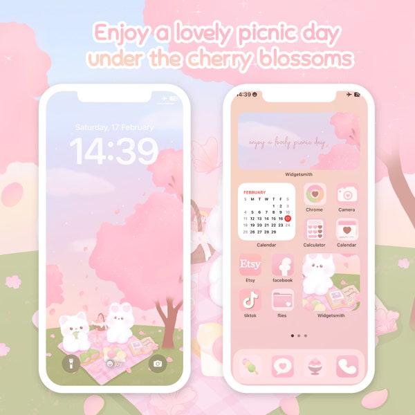 Enjoy a lovely picnic day under the Cherry Blossom | App Icons Pack iOS & Android | Widgets | Wallpapers | Sakura Cute | HellolalaLuna