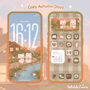 May include: A digital phone interface theme titled Cozy Autumn Days featuring two smartphone screens with a warm colour palette. The display shows custom app icons, a calendar widget, and illustrations of white cartoon animals in a park setting.