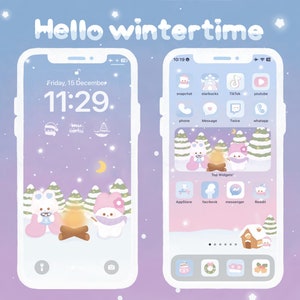 Op de afbeelding: Een roze en blauwe telefoon met een winterthema. Het scherm toont een klok, een kalender en een winterscène met twee cartoonfiguren. Het telefoonscherm heeft ook een verscheidenheid aan apps, waaronder Snapchat, Starbucks, TikTok, YouTube, Telefoon, Bericht, Twice, WhatsApp, AppStore, Facebook, Messenger en Reddit.