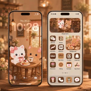 May include: Two smartphones displaying a custom interface with a warm brown color palette. The screens feature animated cat illustrations, custom app icons for WeChat, Notion, Procreate, Webtoon, Uber, Uber Eats, Threads, Snapchat, Shortcuts, Setlog, Calendar, and App Store.