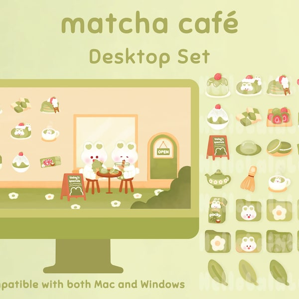 Matcha Café Desktop-Set | Windows & Mac | Wallpaper | Kawaii Folder Icons | Café Cute | HellolalaLuna