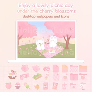 Op de afbeelding: Twee witte cartoonkatten die picknicken onder een kersenboom in bloei. De katten zitten op een roze-wit geblokt kleed met een mand, eten en drinken. De achtergrond is een roze-groen landschap met kersenbloesems die van de bomen vallen. De tekst "Hello Luna" is zichtbaar op de achtergrond.