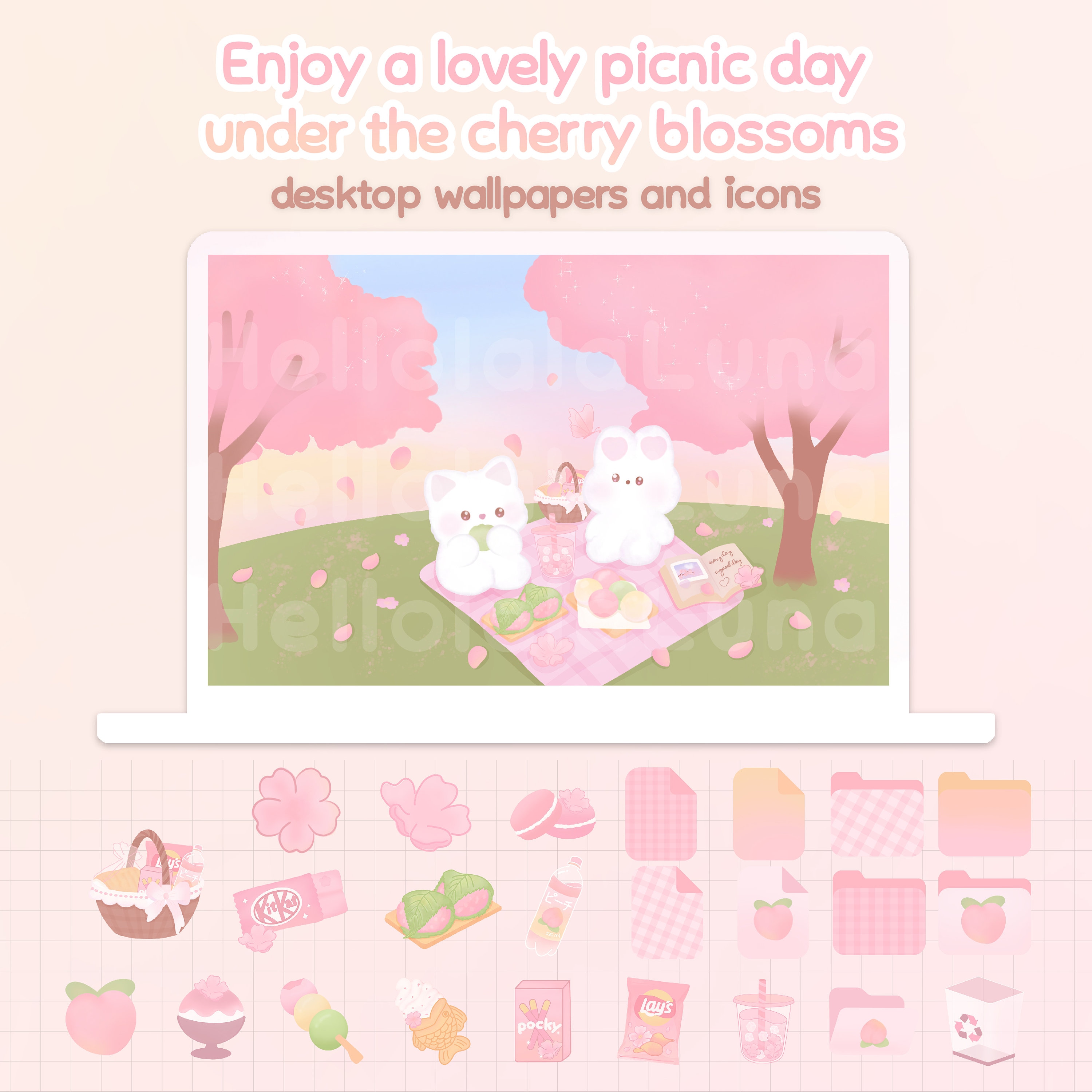 Cherry Blossom Picnic Desktop-set | Windows & Mac | Wallpaper