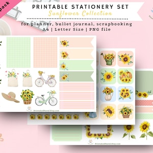 Sunflower Stationery Set Sunflower Designs Scrap Book Sunflower Sticker for Journal Sunflower Themed Planner Stickers PNG Printable Stickers