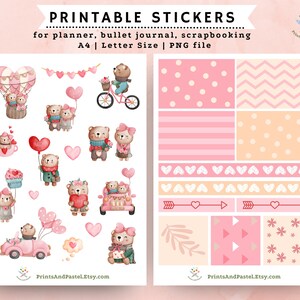 Descarga de pegatinas de San Valentín Pegatinas con diseño de osito de peluche para diario Pegatinas rosas imprimibles Papelería en colores pastel Libro de recortes de San Valentín imprimible