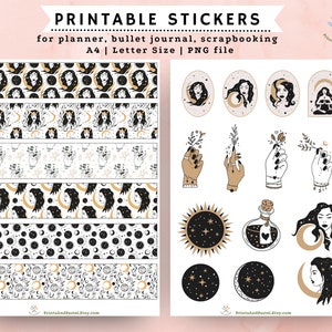 Puede incluir: Pegatinas imprimibles para planificadores, bullet journals y scrapbooking. Las pegatinas presentan un tema celestial con lunas, estrellas y rostros de mujeres en negro, dorado y blanco.