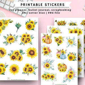 Printable Sunflower Stickers Bullet Journal Stickers Floral Stickers Print and Cut Stickers Spring Summer Flowers Floral Design PNG stickers