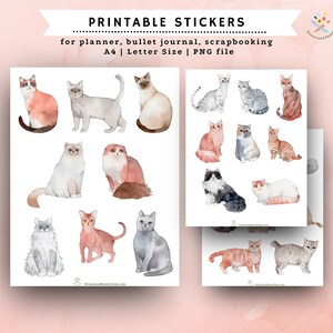 Cat Stickers Download Watercolor Cat Illustrations Bullet Journal Stickers for Cat Lovers Pet Stickers for Journal Watercolor Animals