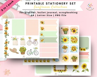 Sunflower Stationery Set Sunflower Designs Scrap Book Sunflower Sticker for Journal Sunflower Themed Planner Stickers PNG Printable Stickers
