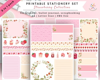 Strawberry Stationery Set Printable Strawberry Designs Scrap Book Strawberry Stickers for Journal Spread Strawberry Themed Planner Stickers