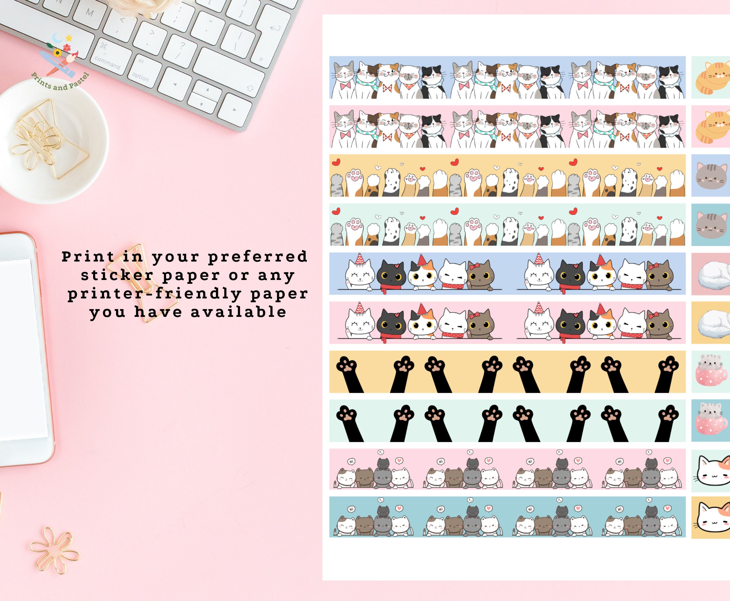 Printable Washi Tape Stickers, Cats Washi Tape, Bullet Journal Stickers ...