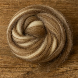 May include: A tightly wound ball of wool roving, featuring alternating bands of light beige and various shades of brown. The fibers are soft and fluffy, ideal for spinning, felting, or other fiber arts projects.