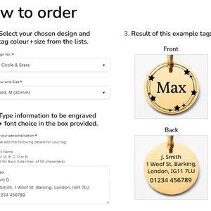 A screenshot of the Etsy order page is shown on the left to explain how to order and an example tag is shown on the right. The chosen design, colour and tag size should be selected from the drop down lists and personalisation info typed in the box.