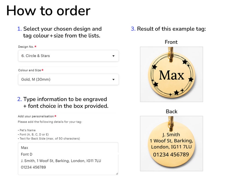 A screenshot of the Etsy order page is shown on the left to explain how to order and an example tag is shown on the right. The chosen design, colour and tag size should be selected from the drop down lists and personalisation info typed in the box.