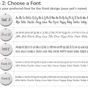 Five different font choices are shown for the pet name on the front of the id tag labelled A, B, C, D, E. Font A is a handwriting font. Font B is a calligraphy font. Font C is a fun capital letter font. Font D is serif. Font E is a round sans serif.