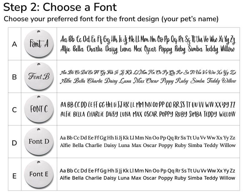 Five different font choices are shown for the pet name on the front of the id tag labelled A, B, C, D, E. Font A is a handwriting font. Font B is a calligraphy font. Font C is a fun capital letter font. Font D is serif. Font E is a round sans serif.