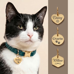 Personalised Cat Name Tag, Engraved Cat Tag, ID Tag For Cats, Custom Pet Tags, Cat Collar Tag, Kitten Tag, Heart Tag, Hexagon Tag