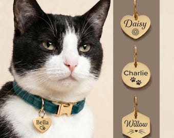 Personalised Cat Name Tag, Engraved Cat Tag, ID Tag For Cats, Custom Pet Tags, Cat Collar Tag, Kitten Tag, Heart Tag, Hexagon Tag