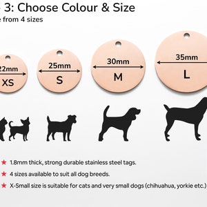 Four different size pet id tags are shown and labelled as 22mm diameter for Extra Small, 25mm diameter for Small, 30mm diameter for Medium and 35mm diameter for Large. These are the size options when ordering. Extra small size is suitable for cats.