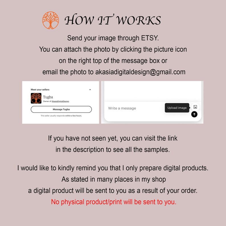 May include: A digital illustration of a tree with the text "HOW IT WORKS" above it. The text below explains how to send an image through Etsy by attaching it to a message or emailing it to a specific address. The text also states that only digital products are prepared and that no physical product will be sent.