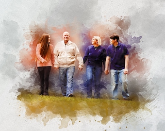 May include: A family of four walking together in a watercolor-style image. The family is wearing casual clothing and smiling. The background is a soft, blurred watercolor wash.