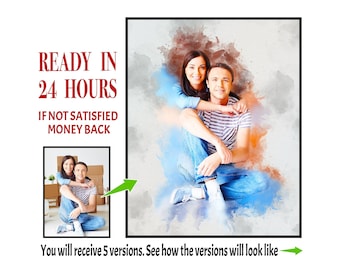 May include: A watercolor painting of a couple sitting together. The woman is wearing a blue shirt and the man is wearing a striped shirt. The painting has a soft, romantic feel.