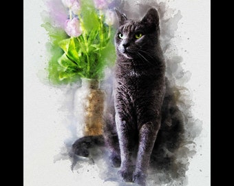 Custom Watercolor Cat Portrait, Personalized Pet Art (Digital Download)