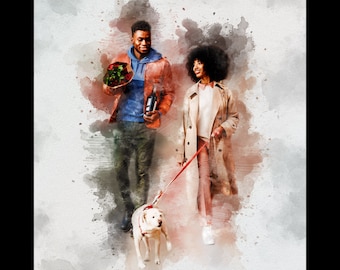 May include: Watercolor-style image of a couple walking with a dog. The man carries a bouquet of red roses and a bottle of wine. The woman holds the dog's red leash. The dog is white with a red collar. The man wears a blue hoodie and orange jacket.