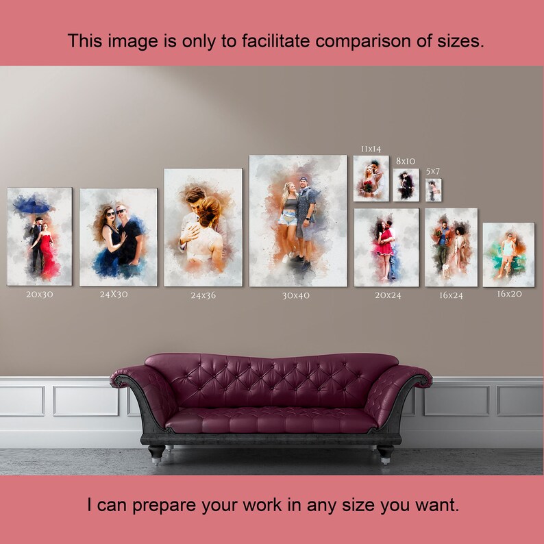 May include: A comparison of different sizes of canvas prints featuring watercolor paintings of couples. The sizes range from 5x7 inches to 30x40 inches.