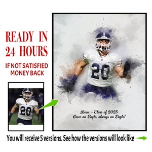 May include: A watercolor painting of a football player wearing a white jersey with the number 20 on it. The player is wearing a helmet and is running with the ball. The background is a watercolor wash of blue and purple. The text "Beau - Class of 2023 Once an Eagle, always an Eagle!" is below the player.