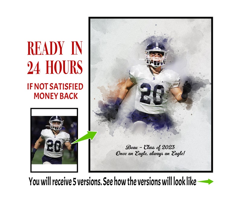 May include: A watercolor painting of a football player wearing a white jersey with the number 20 on it. The player is wearing a helmet and is running with the ball. The background is a watercolor wash of blue and purple. The text "Beau - Class of 2023 Once an Eagle, always an Eagle!" is below the player.