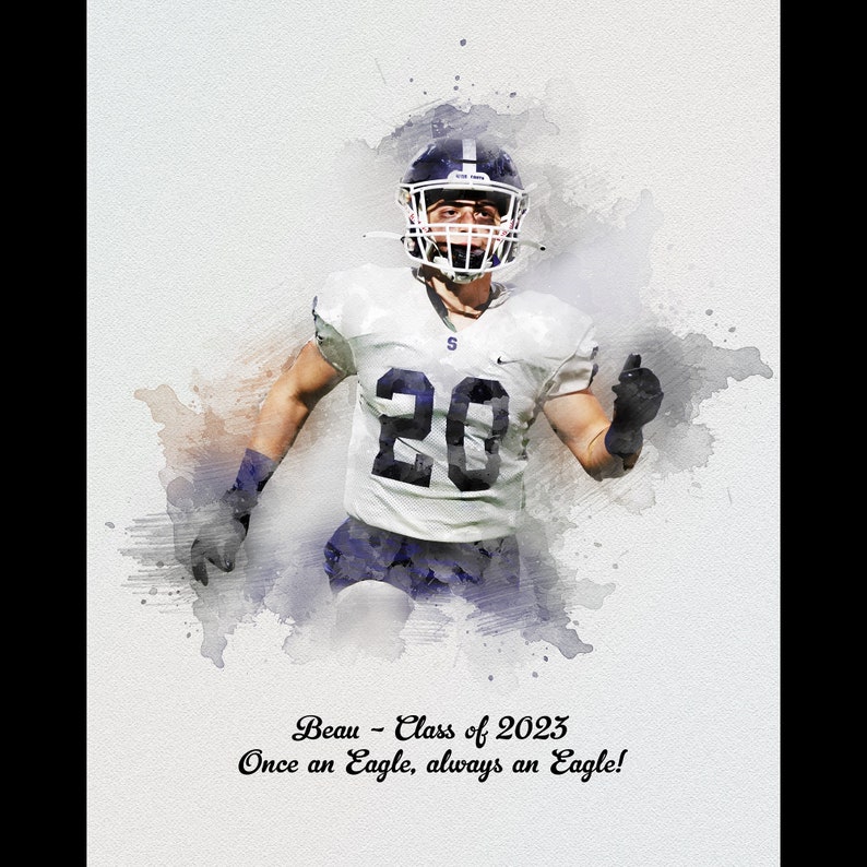 May include: A watercolor painting of a football player wearing a white jersey with the number 20 on it. The player is wearing a helmet and is running with the ball. The text "Beau - Class of 2023 Once an Eagle, always an Eagle!" is written below the player.