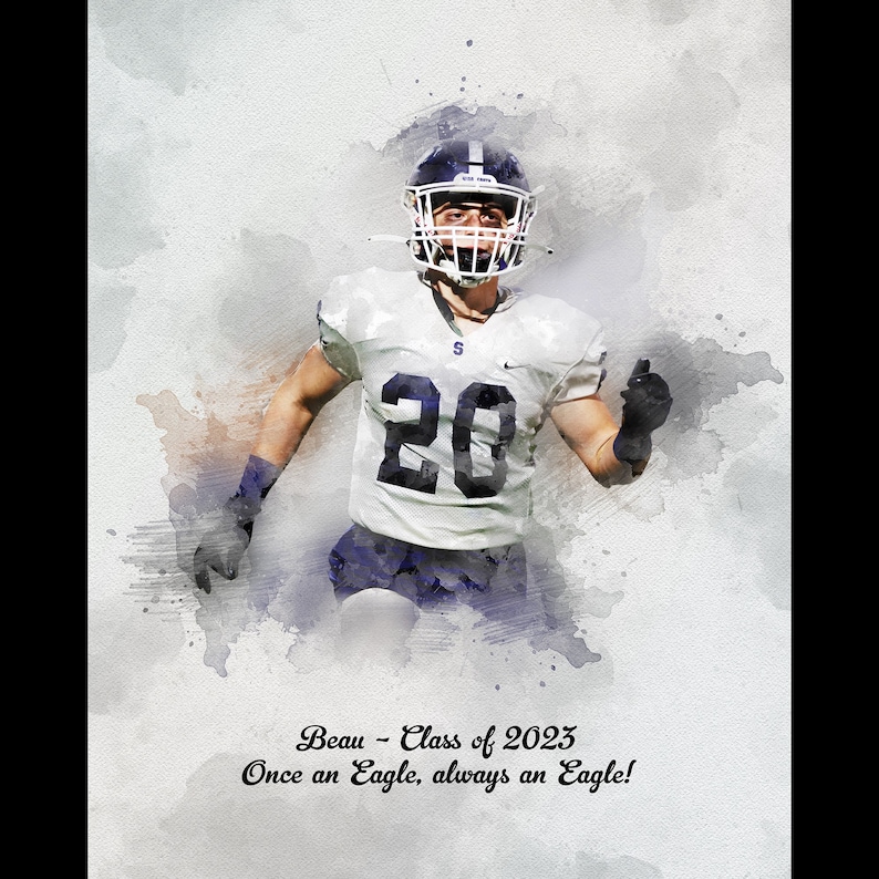 May include: A watercolor painting of a football player wearing a white jersey with the number 20 on it. The player is wearing a helmet and is running with his arm raised. The text "Beau - Class of 2023 Once an Eagle, always an Eagle!" is below the player.