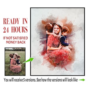 Puede incluir: Una pintura de acuarela de una madre y sus dos hijos. La madre lleva un vestido rojo y un sombrero. Los niños llevan ropa informal. La pintura tiene un ambiente suave y de ensueño.