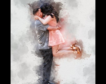 May include: A watercolor painting of a couple embracing. The man is wearing a gray shirt and black pants. The woman is wearing a pink dress and has her arms wrapped around the man's neck. They are both smiling.