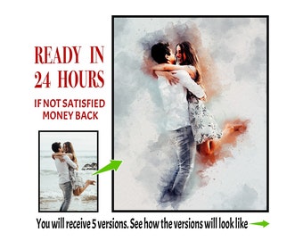 May include: A watercolor painting of a couple embracing. The man is holding the woman in his arms and they are both smiling. The painting is set against a light gray background with splashes of color.