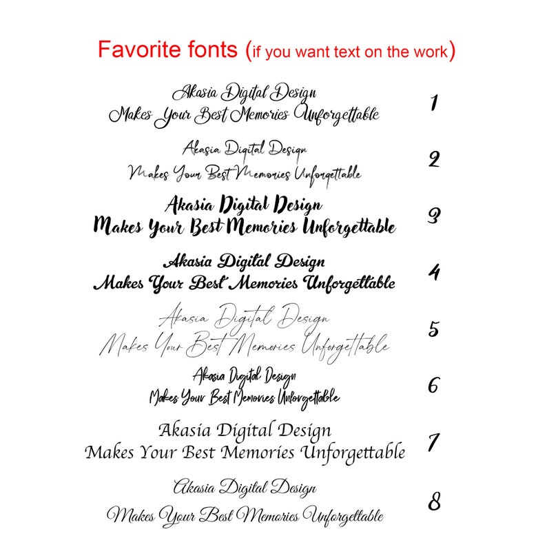May include: Akasia Digital Design font options for customizing a design. The text reads "Makes Your Best Memories Unforgettable" in eight different font styles numbered 1 through 8.