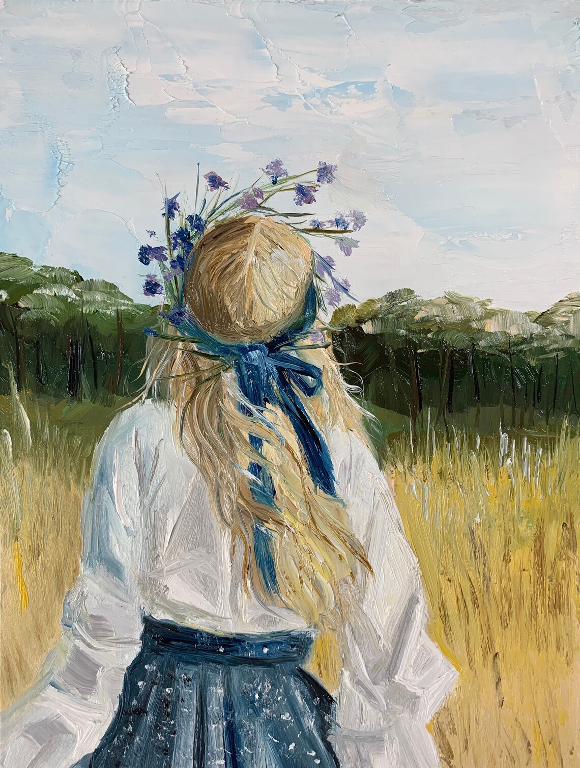 Flower Girl Wall Art Original Painting Flower Wreath Oil Art Etsy