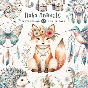 Boho Tiere, Boho, Tiere, süßes Tier, Boho Clipart, Geschenk für Mädchen, Aquarell Clipart, Clipart PNG, Transparent Clipart