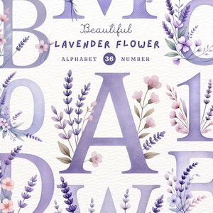 Lavendel Alphabet, Blumen Alphabet, Blumen Brief, schöne Blume, Alphabet Clipart, Doodle Alphabet, Aquarell Clipart, Geschenk für Kinder