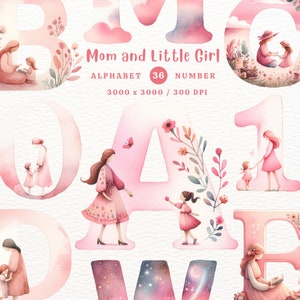 Alphabet pour maman, clipart maman, petite fille PNG, fête des mères, Alphabet Clipart PNG, Doodle alphabet, clipart aquarelle, PNG transparent
