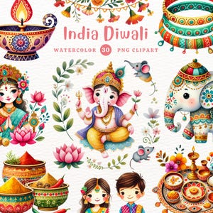 Índia Diwali Clipart, Diwali PNG, Diya, Rangoli, Ganesh, Lakshmi, Motivos Indianos, Presente DIY, Clipart de Aquarela, Clipart para Criança, Clipart Bonito