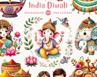 May include: A set of 30 watercolor illustrations featuring Indian Diwali themes. The illustrations include a deity, an elephant, a couple, flowers, and other decorative elements. The text "India Diwali Watercolor 30 PNG Clipart" is included in the image.