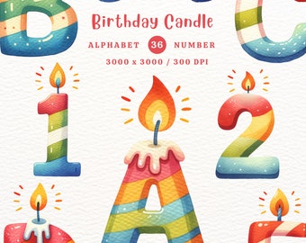 May include: Colorful birthday candles in the shape of letters and numbers. The candles are decorated with stripes and have a realistic watercolor look. The text "Birthday Candle" is written in red at the top of the image. The text "Alphabet 36 Number" is written below the title. The text "3000 x 3000 / 300 DPI" is written below the previous text.