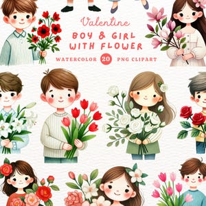 Valentinstag Blumen Clipart, Junge Mädchen mit Blumen, Valentinstag, DIY Geschenk, Aquarell Clipart, Clipart für Mädchen, süsses Clipart, Geschenk für Mädchen