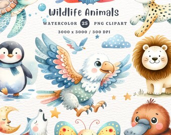 Imágenes prediseñadas de animales salvajes en acuarela: 25 ilustraciones PNG (descarga digital)
