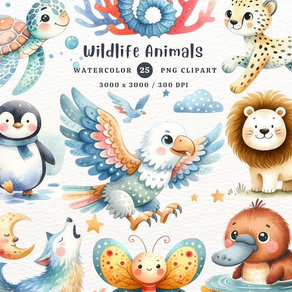 Wild Animals, Wildlife, Animals, Animals Clipart, Animals PNG, Gift for Kids, Watercolor Clipart, Clipart PNG, Transparent Clipart