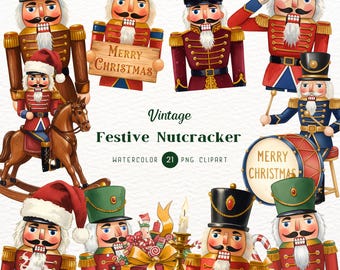 ヴィンテージのクリスマスくるみ割り人形のクリップアート：水彩クリスマスPNG